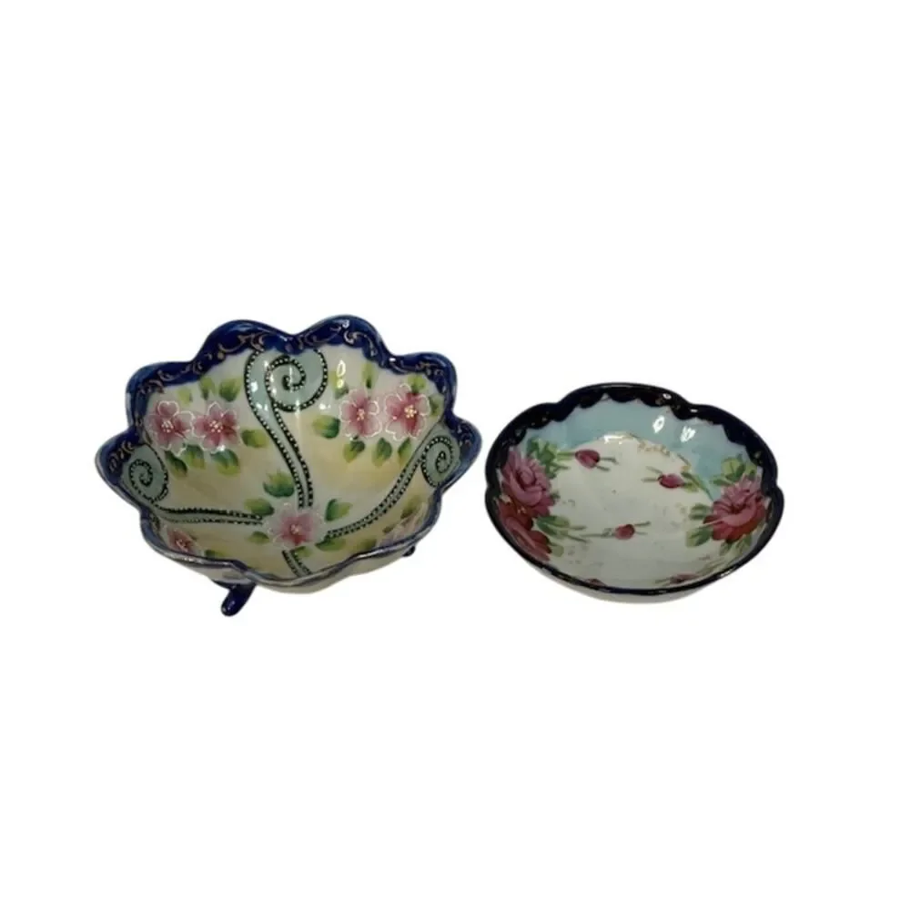 2 Trinket Dishes Blue Floral (1 Dish Footed) Japan